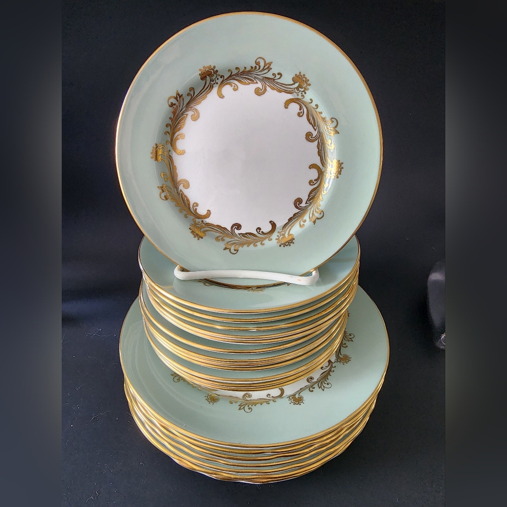 Vintage Aynsley Dinner Plates - Sage Green/Gold Gilt - Corset Floral